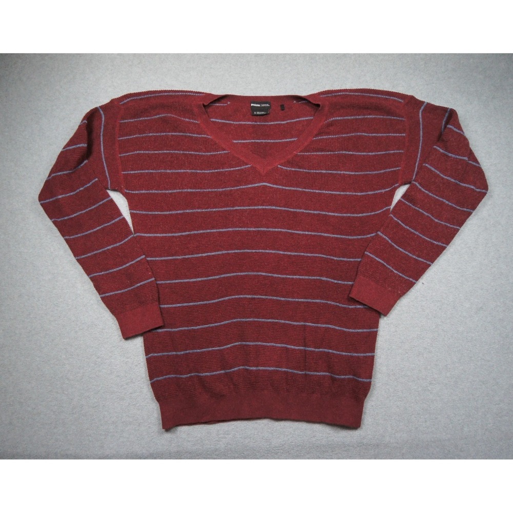 Prana Sweater Mens Small Red Striped V Neck Organic Cotton Casual Pullover